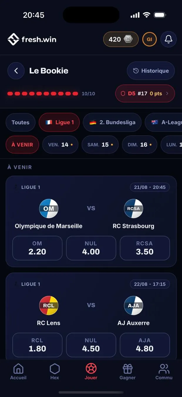 fresh.win app screenshot: the Bookie fixture list with odds