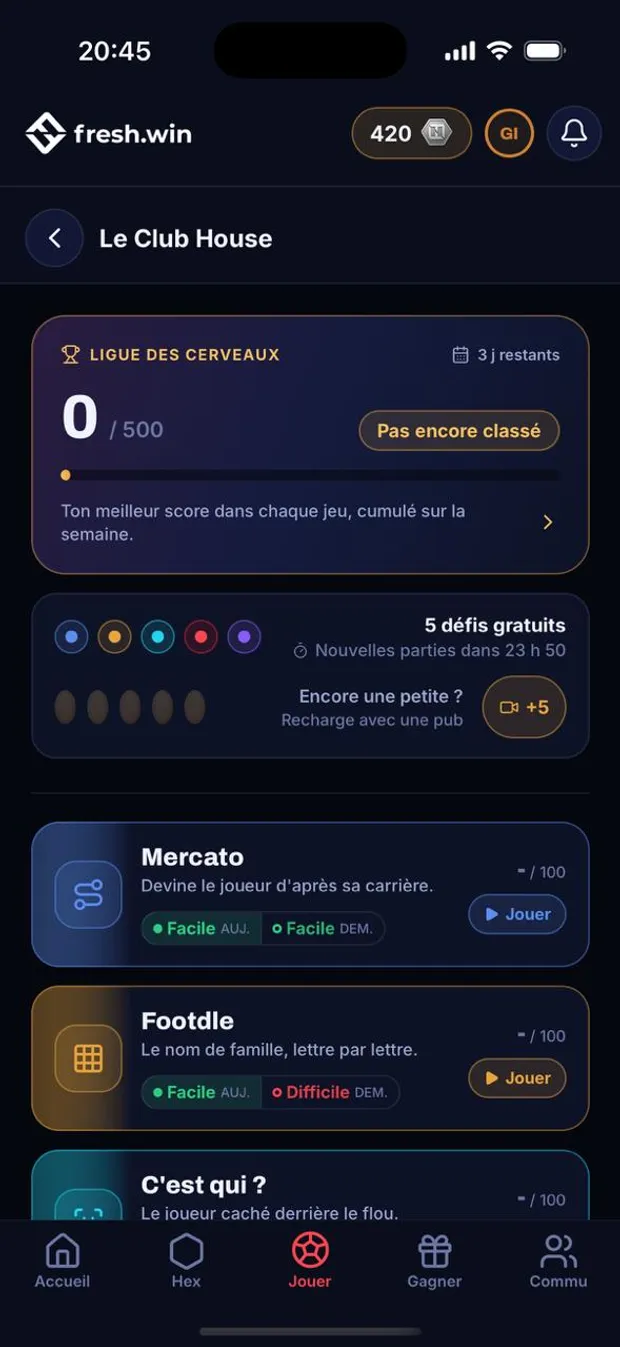 fresh.win app screenshot: the Club House daily challenges