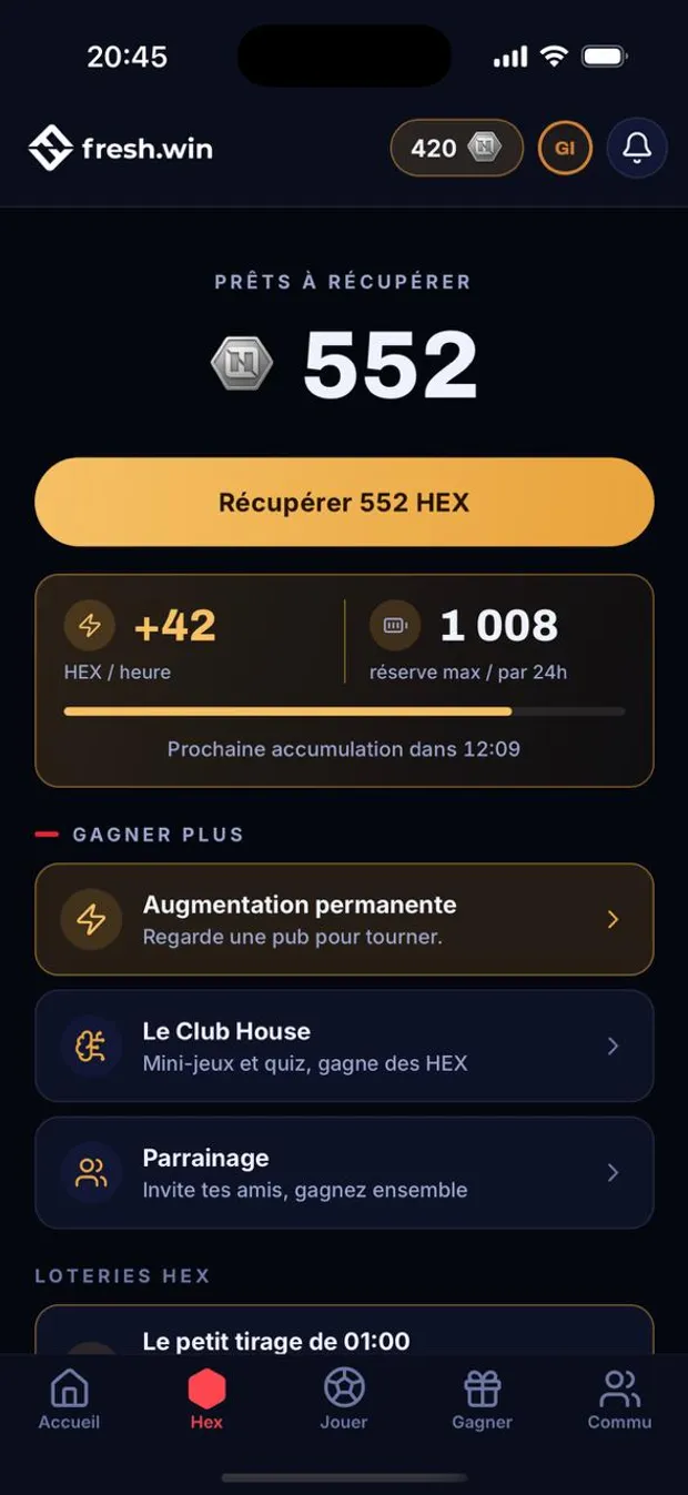 fresh.win app screenshot: the HEX reserve ready to collect