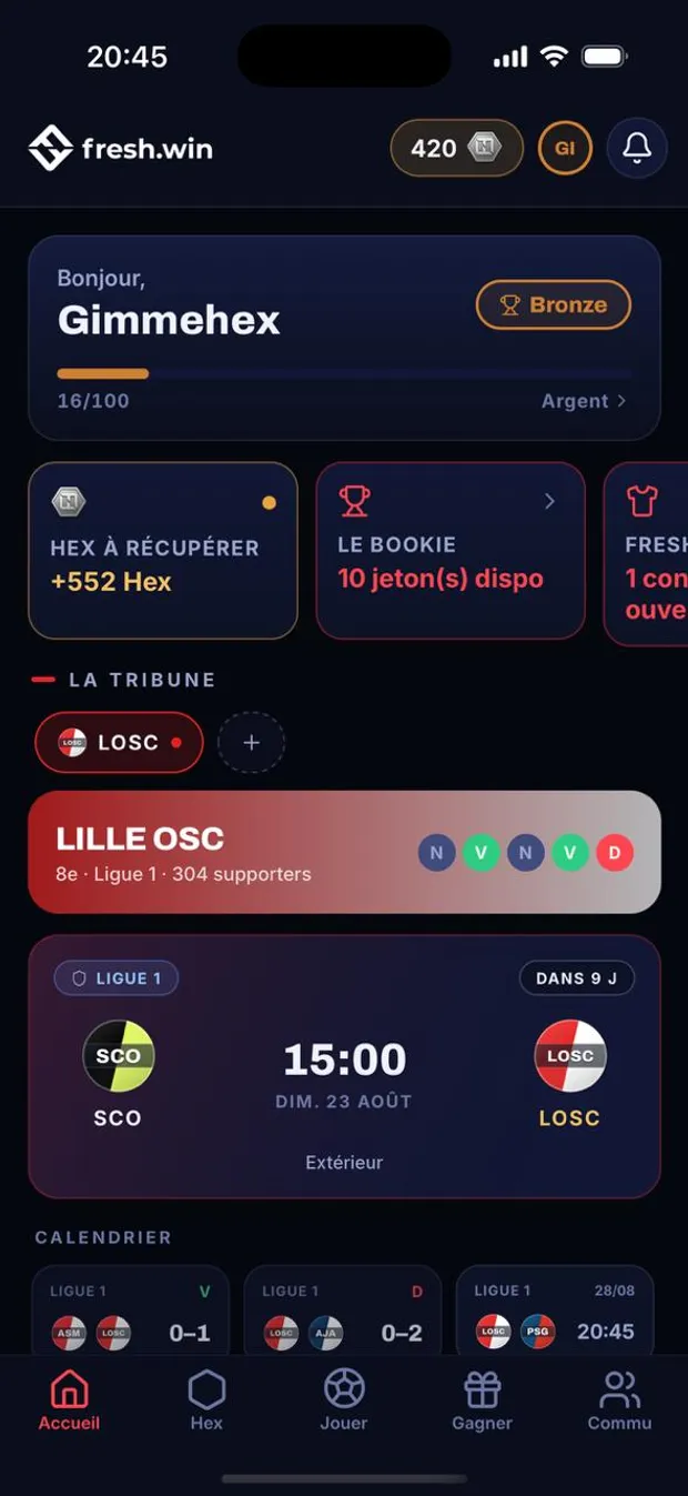fresh.win app screenshot: the home screen with your club