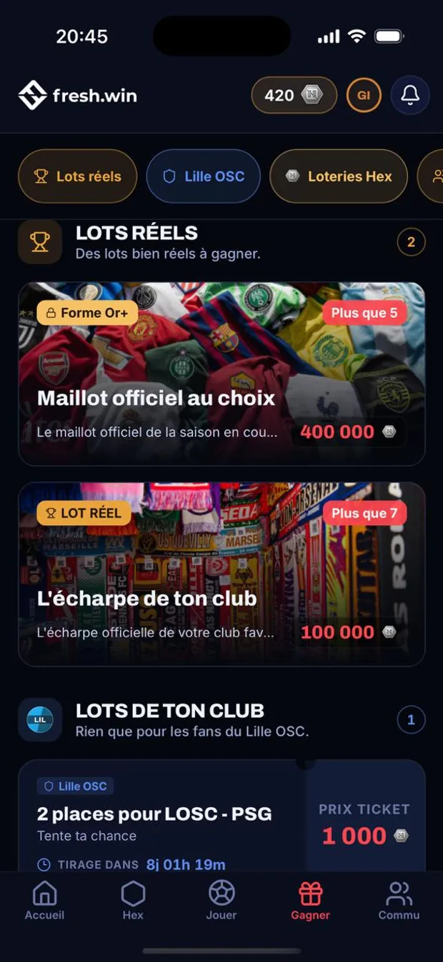 fresh.win app screenshot: the rewards shelf with shirts and tickets
