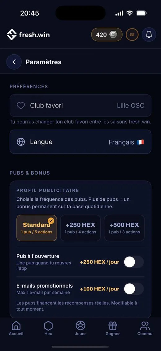 fresh.win app screenshot: the advertising frequency settings